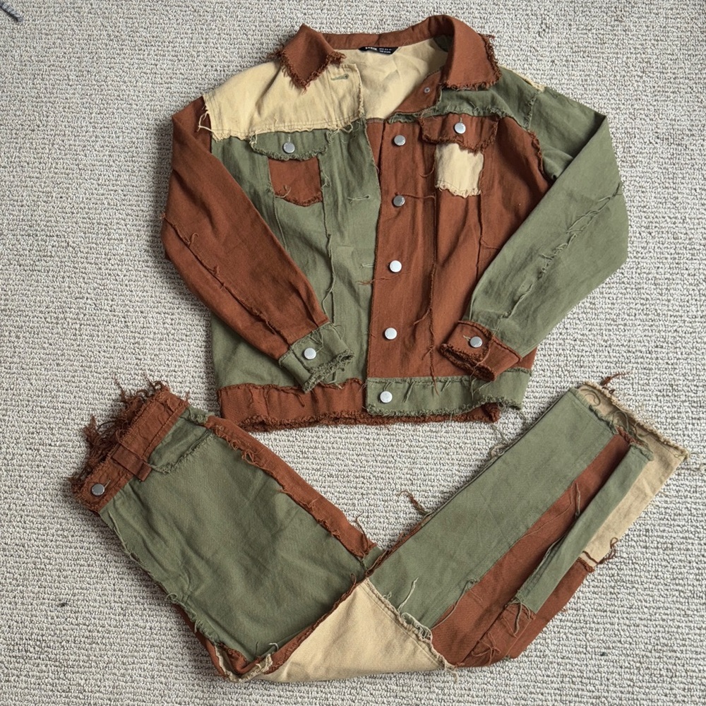 Brown, Tan & Olive Green Patchwork Jacket and Pants Set Size XS
